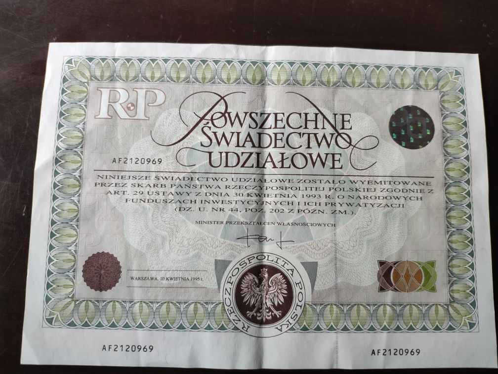 Powszechne świadectwo udziałowe RP - rocznik 1995