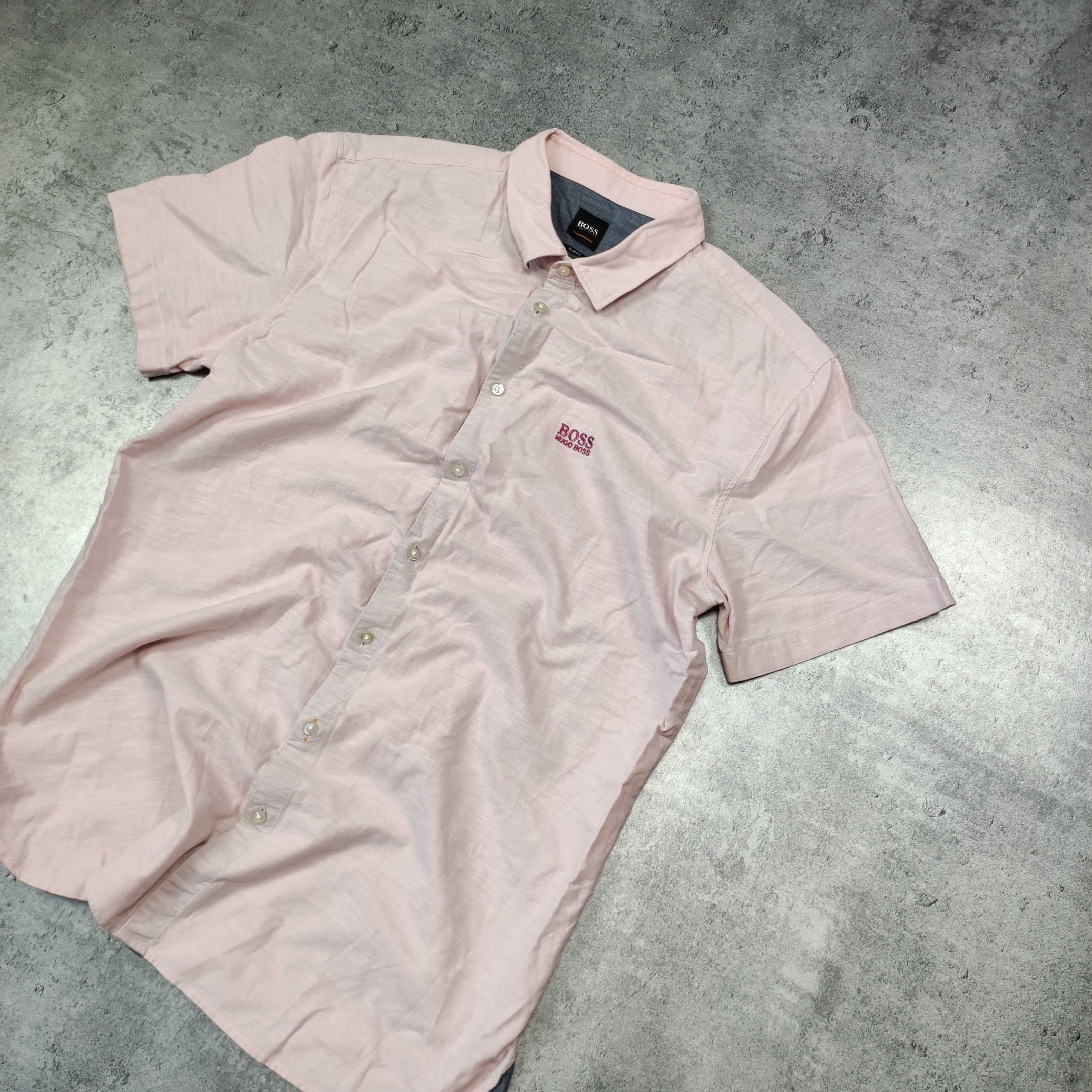 MĘSKA Koszula Elegancka PREMIUM Pudrowy Róż Krótki Rękaw Hugo Boss