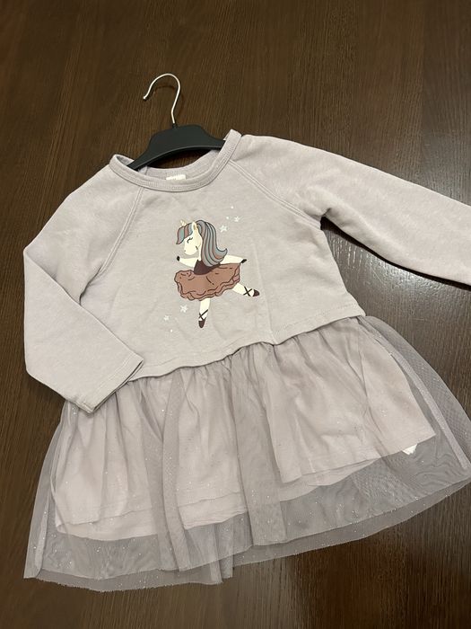 Bawełniana liliowa sukienka tiul jednorożec długi rękaw H&M r. 92