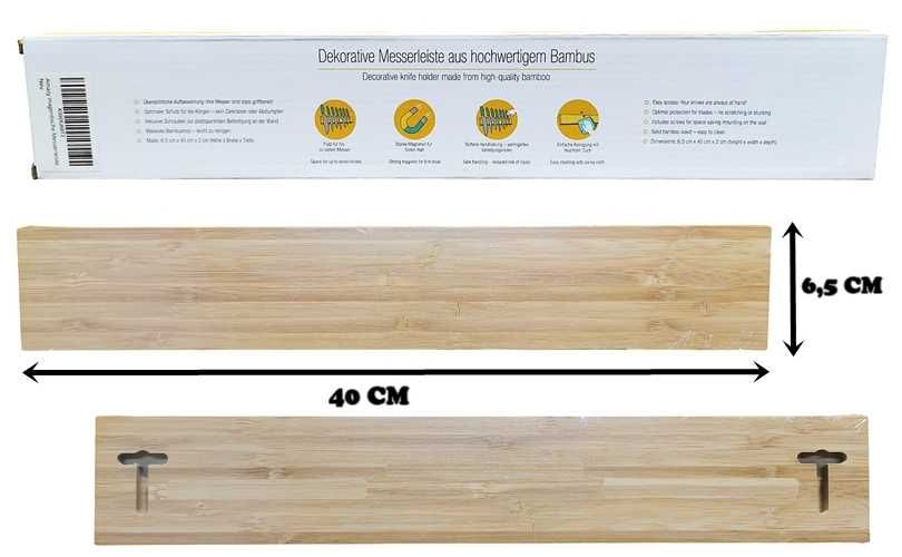 Magnetyczna listwa do noży kuchennych bambusowa zmywalna długość 40 cm