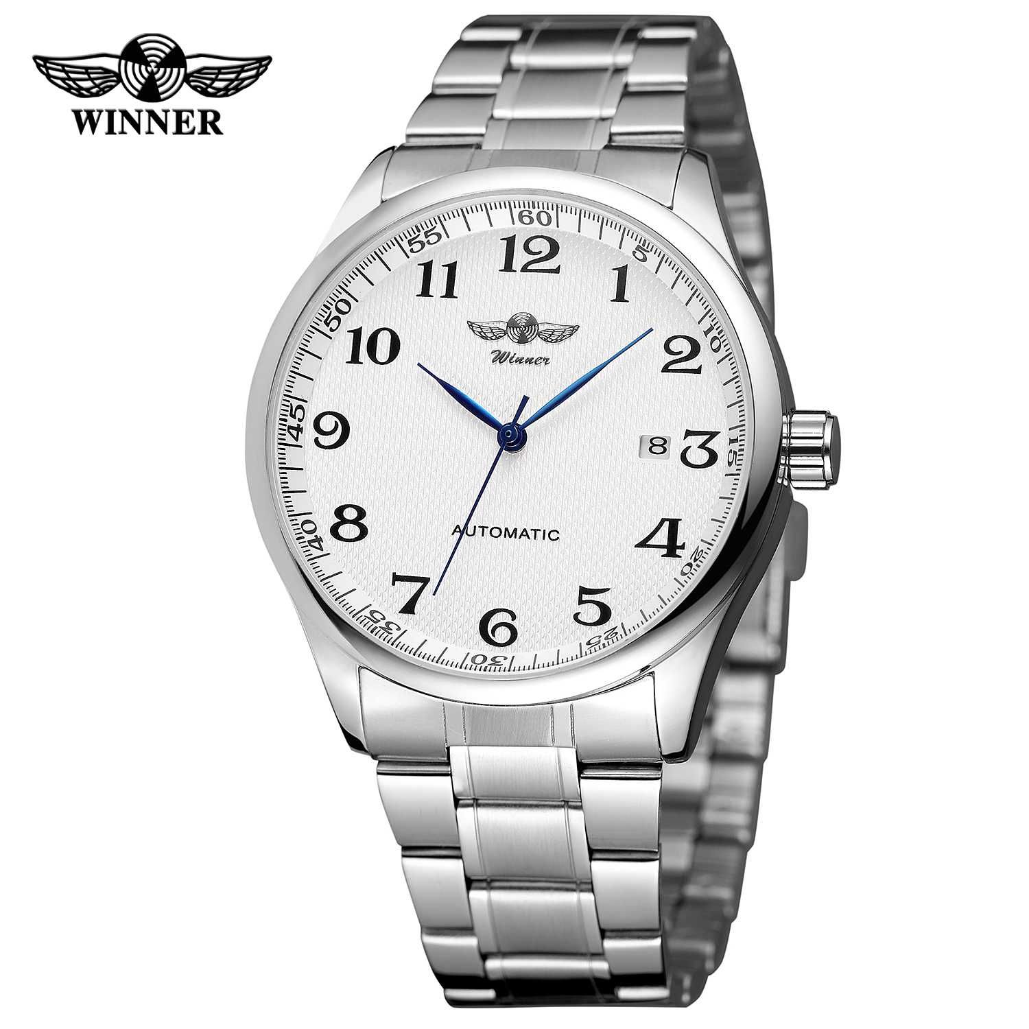Klasyczny zegarek automatyczny Winner bransoleta stalowa srebrny data