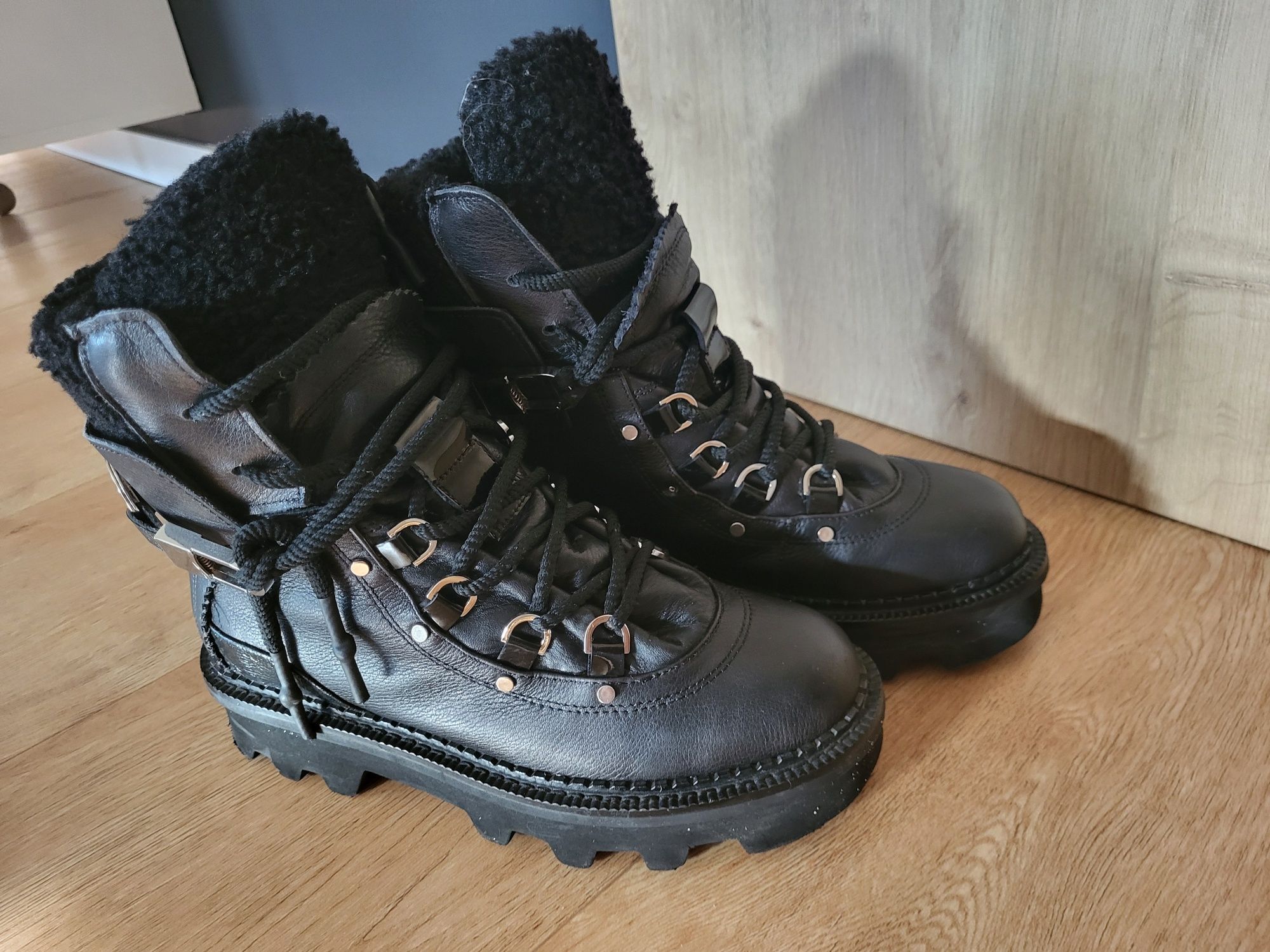 Eva Minge 38/24 cm botki trapery kozaki skóra naturalna ocieplane