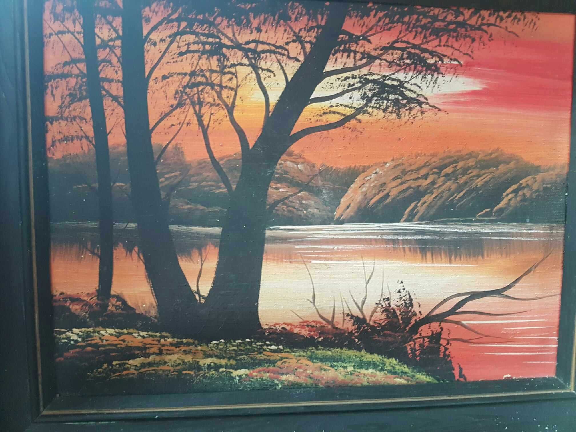 Obraz malowany olej na płótnie "Zachód Słońca Nad Wodą" CZARNA RAMA