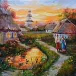 Картина, олія, полотно, "Вечірня симфонія села"