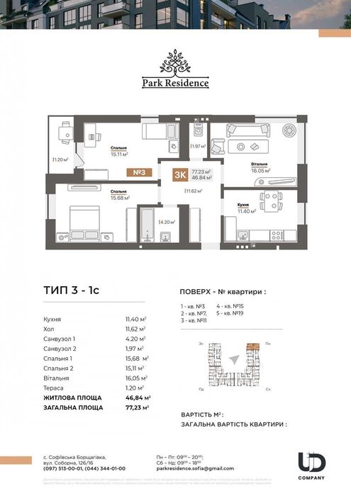 Квартира від забудовника ЖК Park Residence 2. 3-кімнатна. 76.7м2.