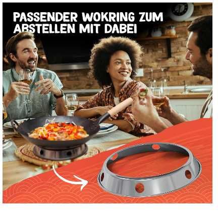 Flavemotion Patelnia WOK ze stali węglowej z drewnianym uchwytem 36cm