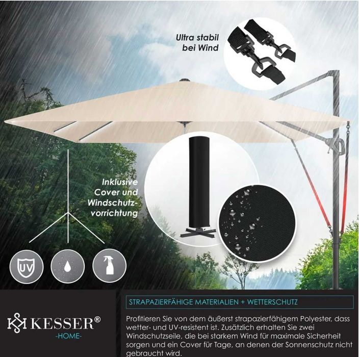 Parasol ogrodowy z oświetleniem LED 300x300x235cm UV obrotowy beżowy