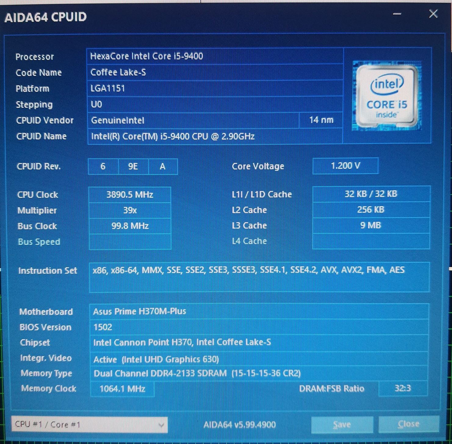 Процесор 6ти ядерний Intel Core i5-9400 LGA1151 V2 2.9 - 4.1ГГц