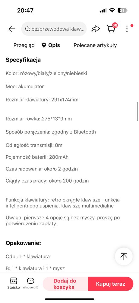 Klawiatura bezprzewodowa tablet laptop iphone myszka gaming