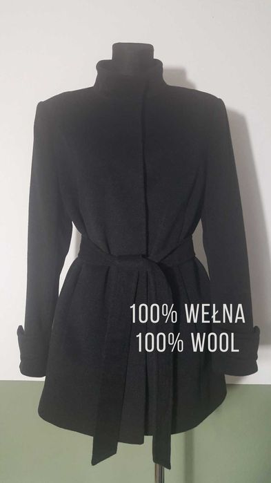 Jaeger Czarny wełniany płaszcz 100% wełna Klasyczny Basic 42 40