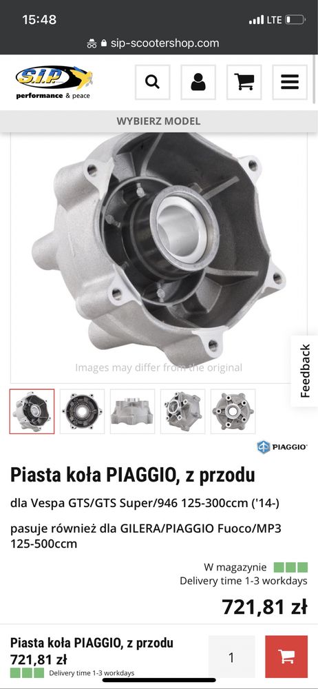 Piasta Koła przód PIAGGIO Vespa GTS 125/300 Fuoco/​MP3 125/500ccm N372