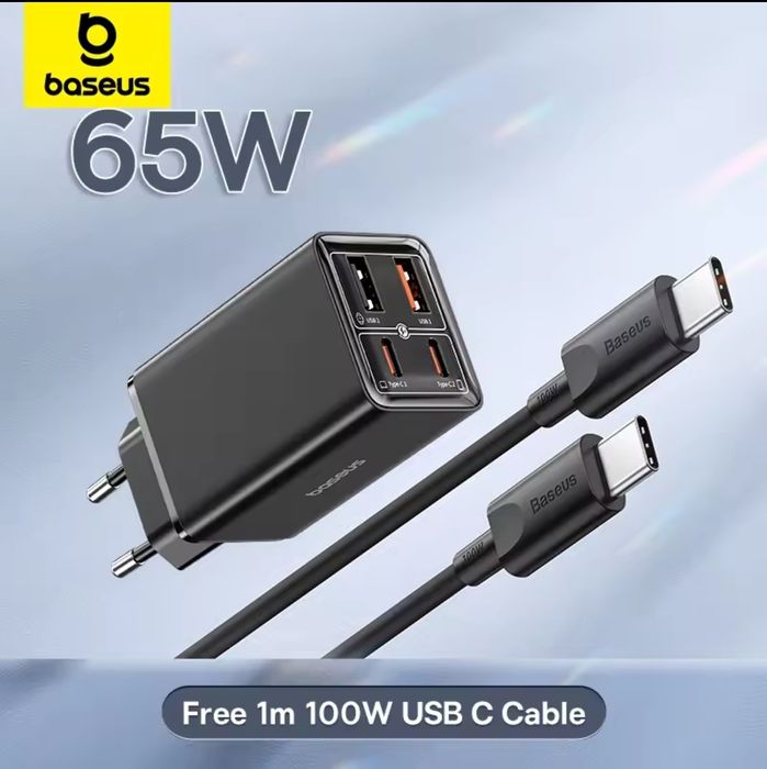 Baseus GaN 6 Pro 65w +кабель 100W Рожеві /блакитні Зарядка для Android