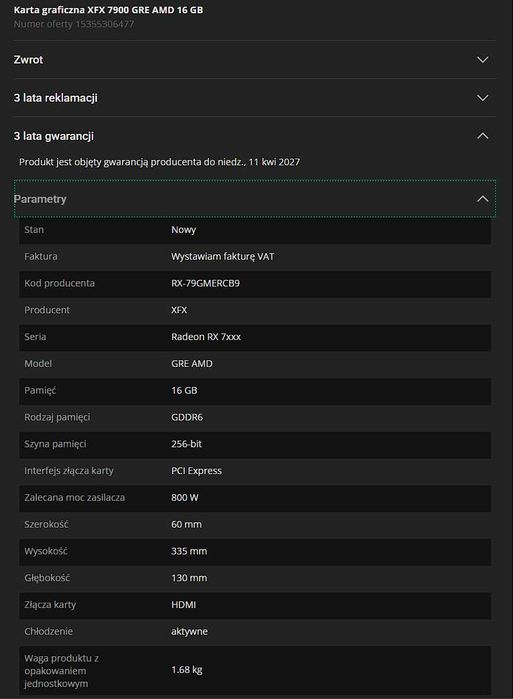 XFX Radeon RX 7900 GRE MERC 310 16GB [ jak 4070 Ti ]   Gwarancja 2027