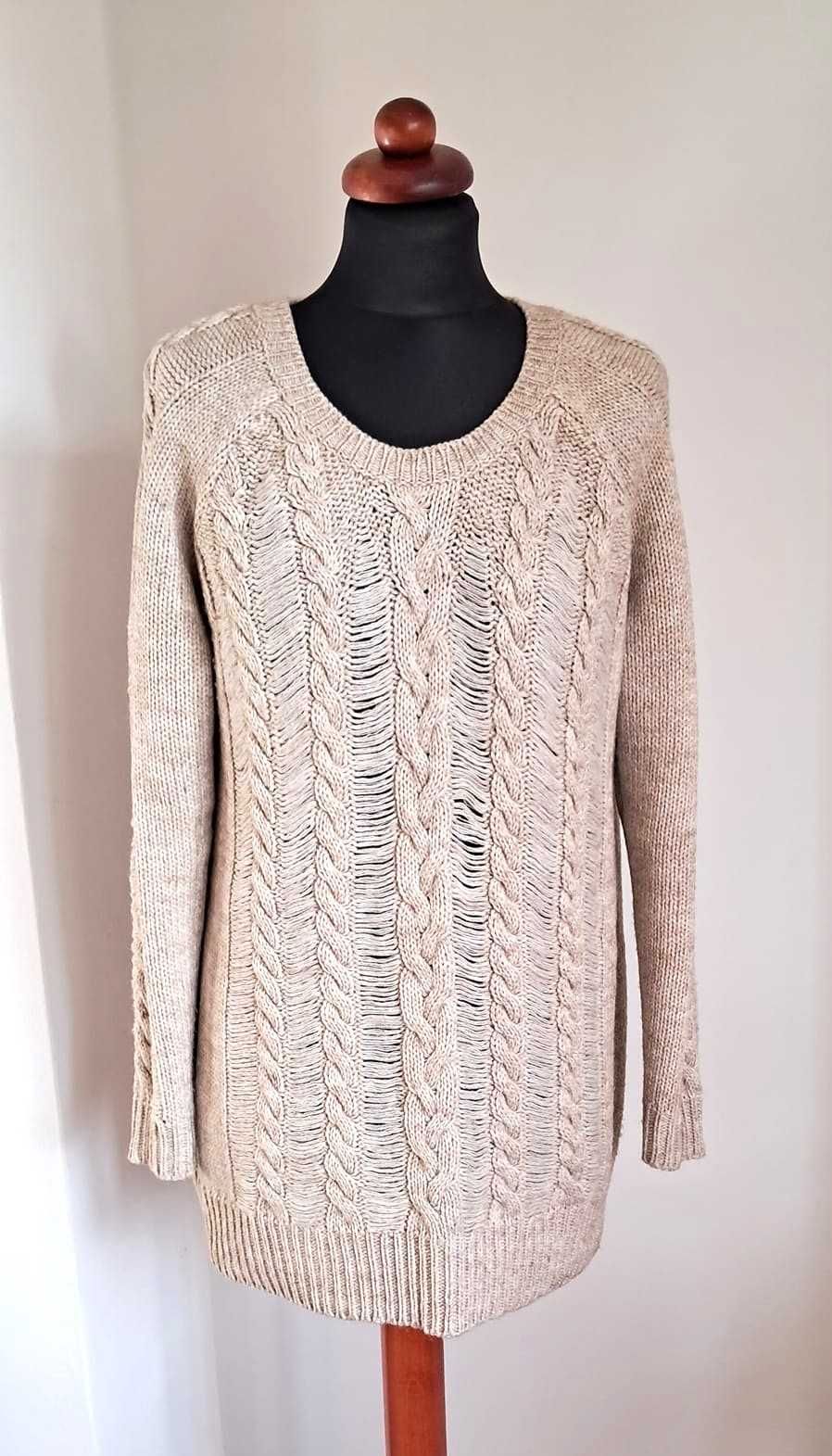 Sweter H&M z wełną M oversize beż ecru warkocze