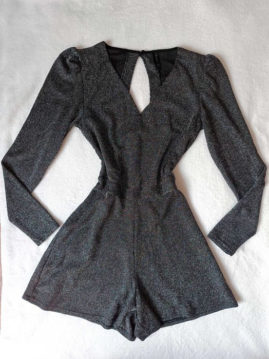 Srebrno czarny metaliczny krótki kombinezon amisu długi rękaw brokat