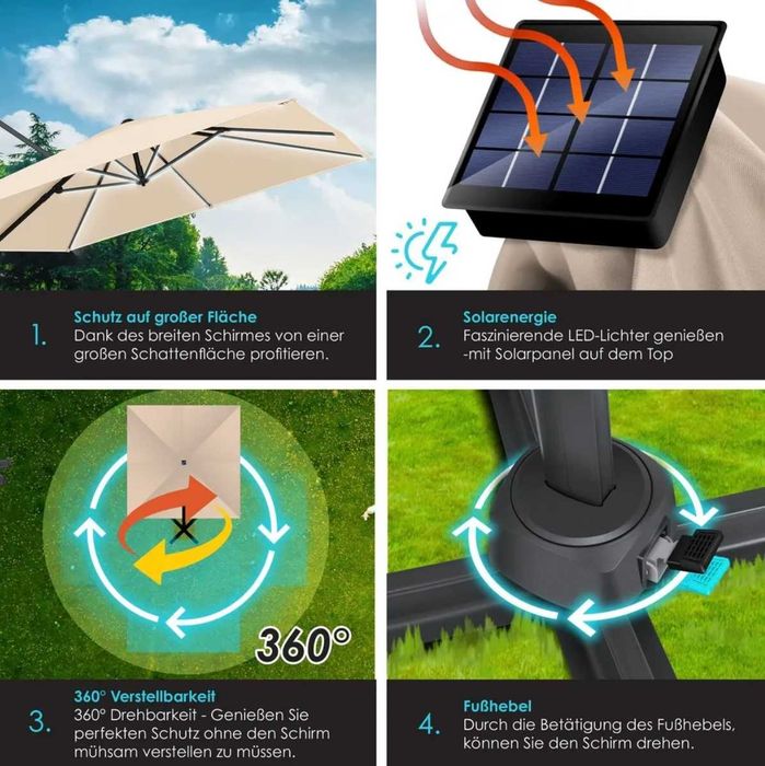 Parasol ogrodowy z oświetleniem LED 300x300x235cm UV obrotowy beżowy