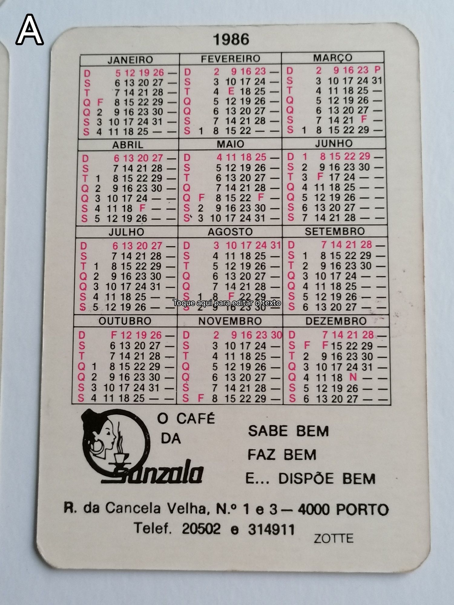 Colecção antiga completa de 12 calendários de 1986, Cafés Sanzala