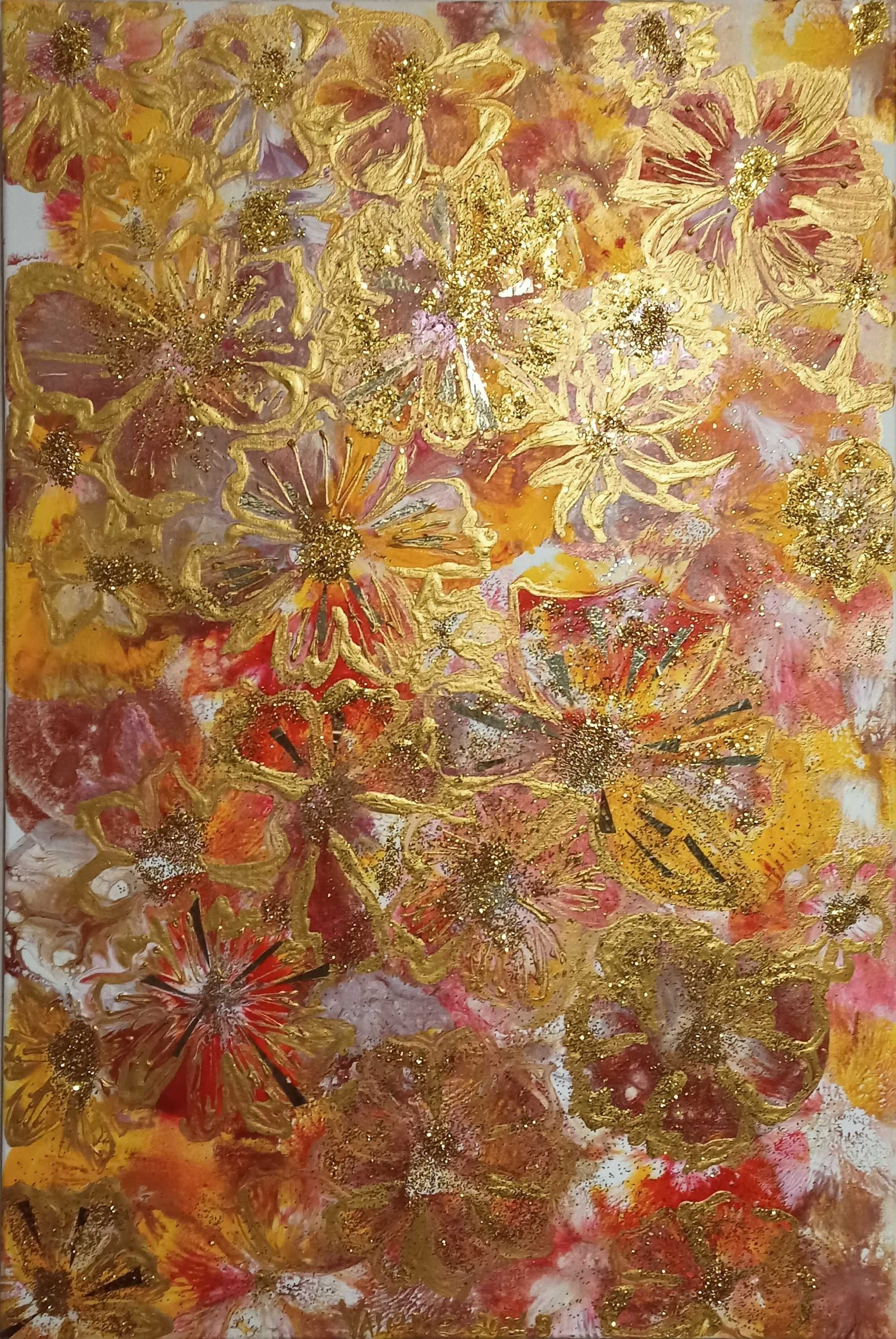 Картина абстрактная флюидная "золотые цветы"