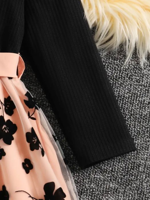 NOWA Piękna Sukienka 122 128 czarna beżowa kwiaty Wizytowa Elegancka