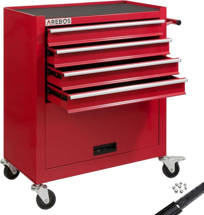 Wózek warsztatowy czerwony | 4 szuflady + duża komora