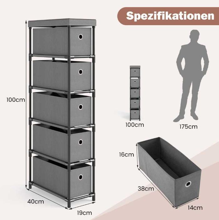 Wąska szafka z 5 szufladami materiałowymi szara 19x40x100cm