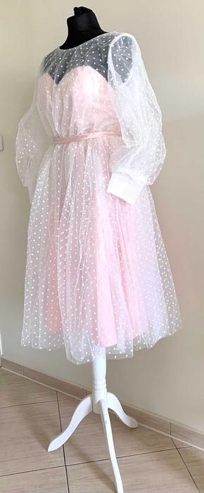 Krótka suknia ślubna różowa wesele druhna cywilny 40 L, 46 XXXL