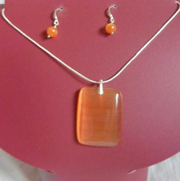 Pomarańczowy kwarc kocie oko, wisior i kolczyki, srebro