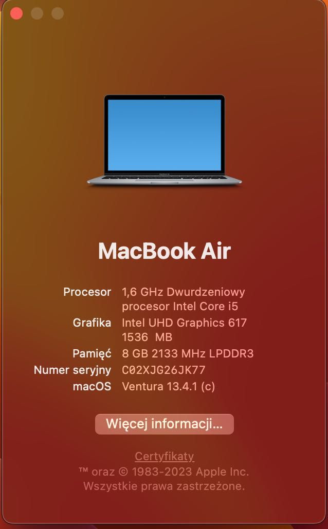 MacBook Air 13 1.6GHz 128GB  2018 Warszawa