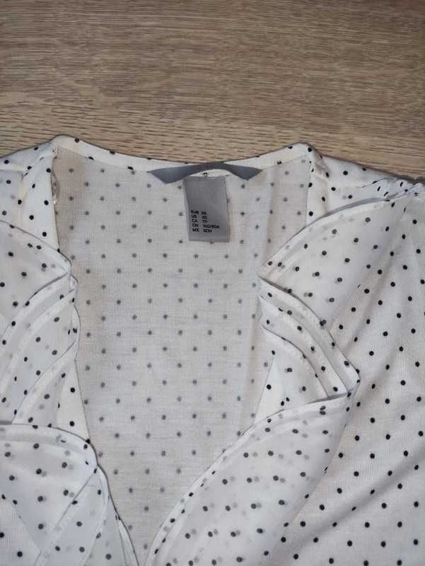 Biała bluzka koszulka z falbanką w czarne kropki H&M 34