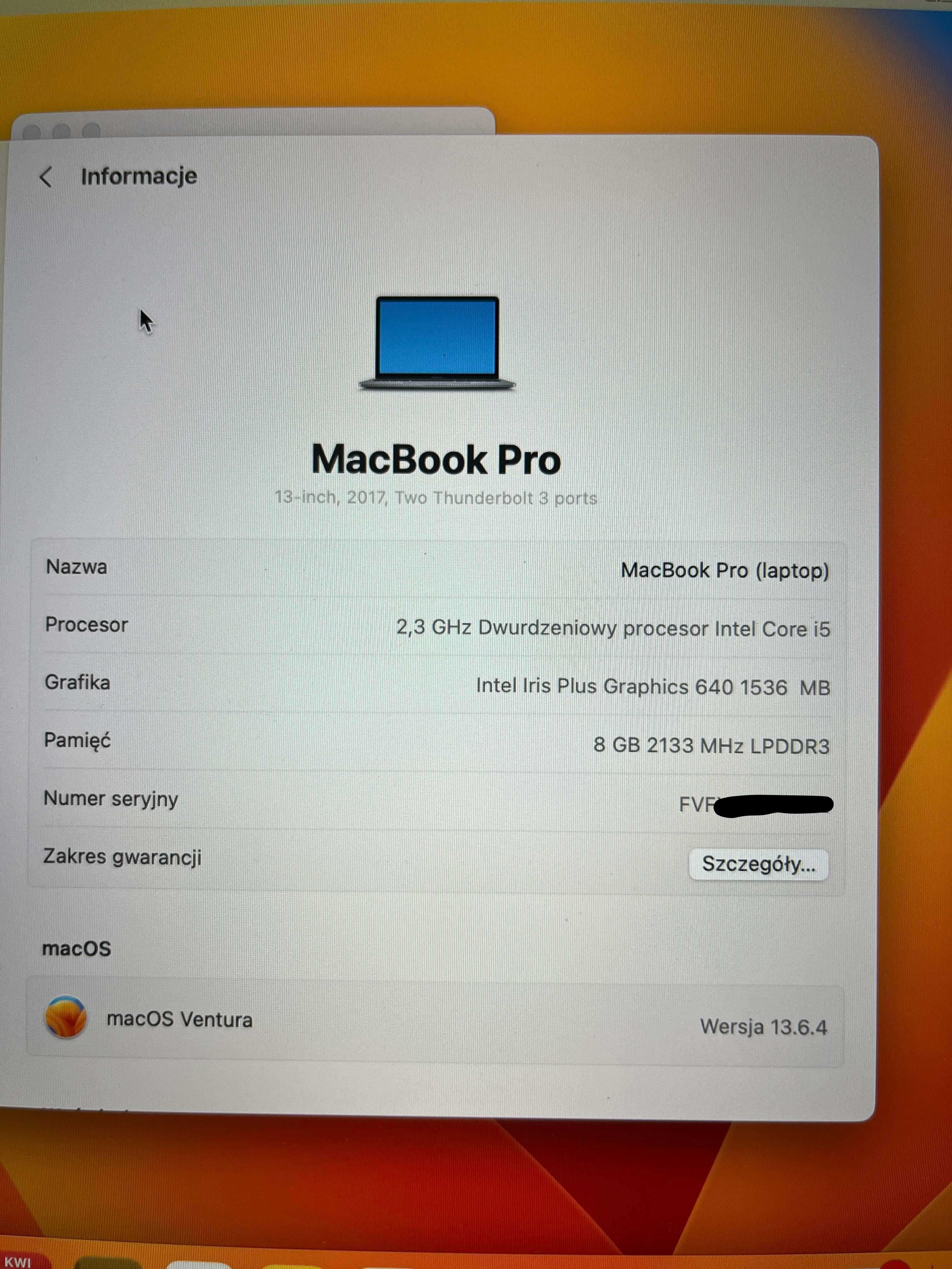 Laptop MacBook Pro 13’ Retina i5 8GB/128GB 2017r 13,3" WAWA