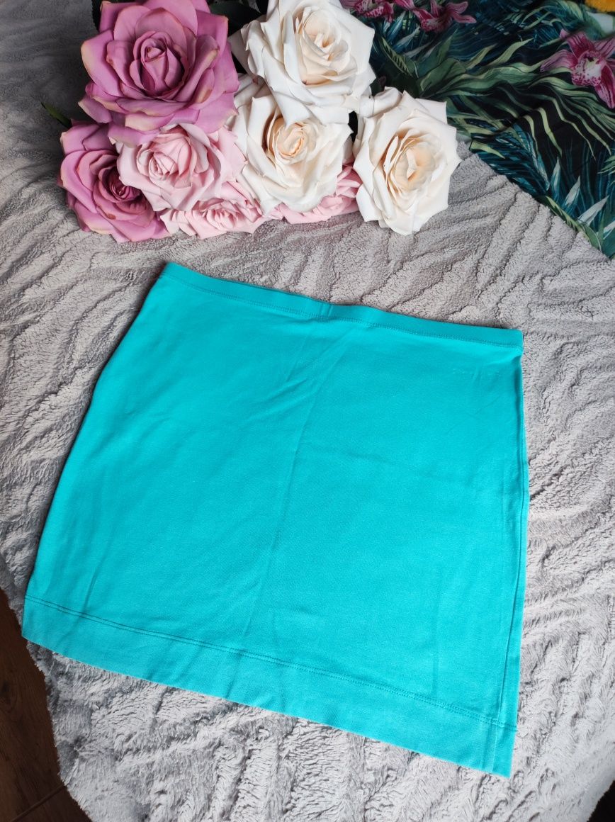 H&M turkusowa błękitna materiałowa spódniczka mini wiosenna letnia