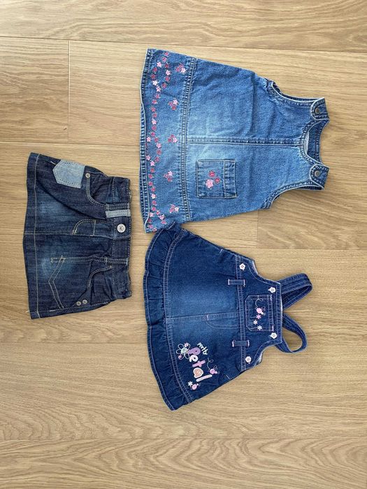 Zestaw sukienek jeansowych i spódniczka, rozmiar 62 cm, H&M, NEXT