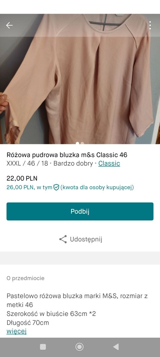Pudrowa różowa bluzka klasyczna m&s 46