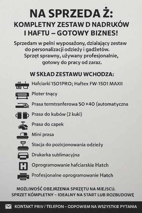 Na sprzedaż: Kompletny zestaw do nadruków i haftu – gotowy biznes!