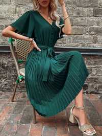 Sukienka Plisowana Midi Z Guzikami Dekolt V Zielona Casual Shein Xl 42