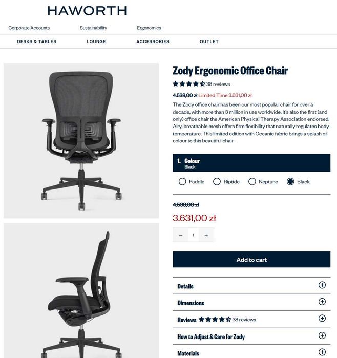 Fotel biurowy Haworth Zody, ergonomiczny, najwyższa jakość