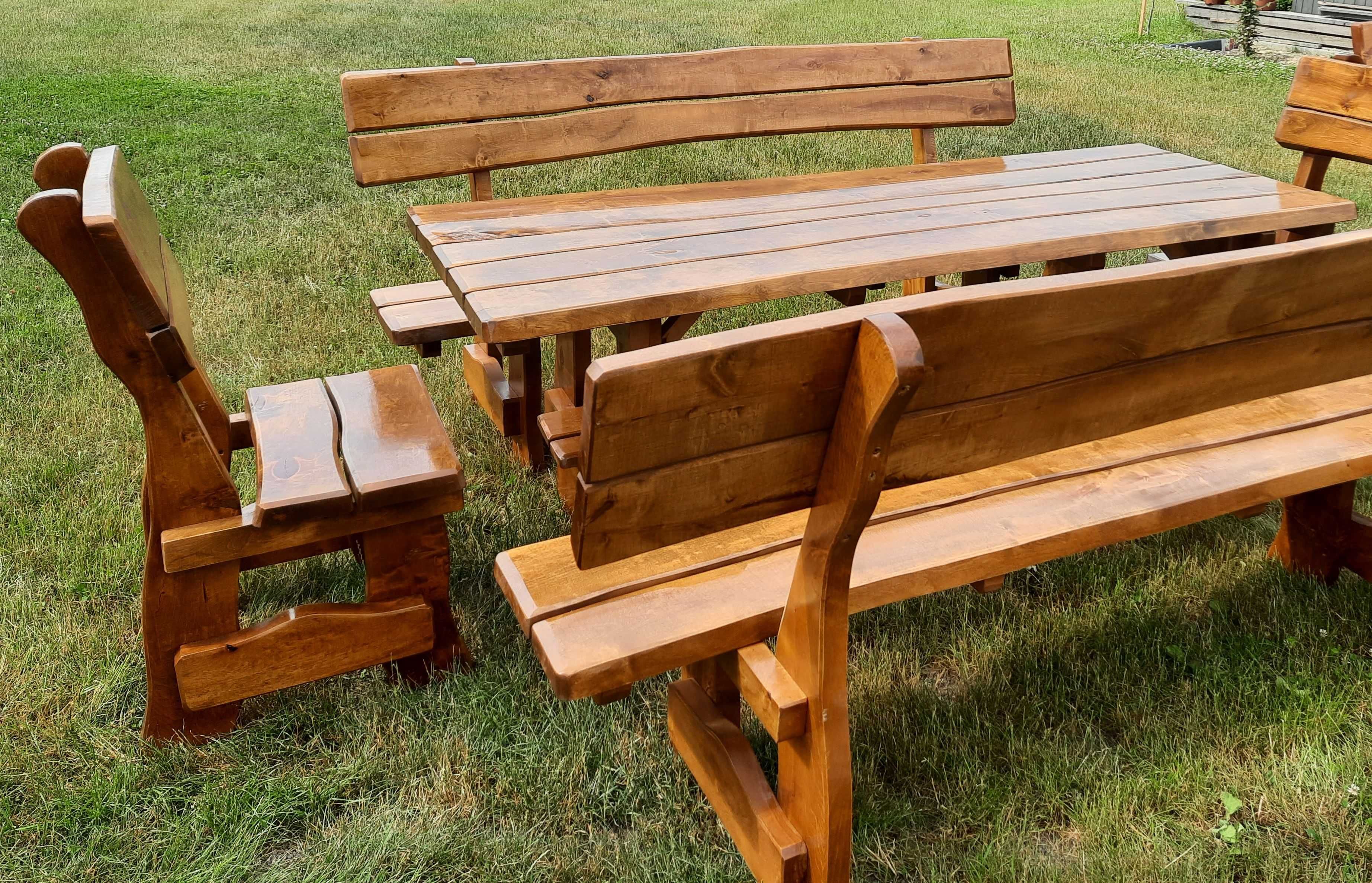 zestaw mebli drewnianych stół 200x78 2 ławki 2 krzesła