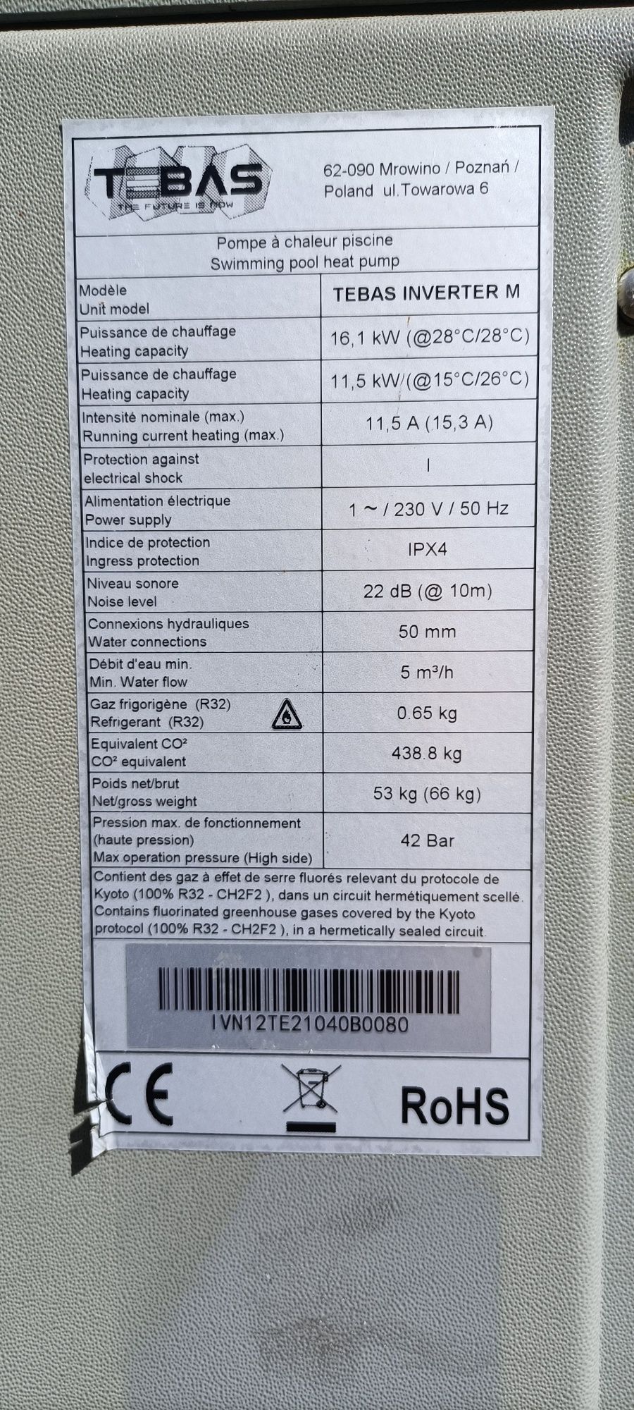 Basenowa pompa ciepła INWERTER do 80m3 wody.TEBAS M 16.5 KW