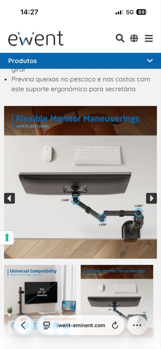 Suporte EWENT EW1510 para mesa de monitor, 1 monitor de até 34", VESA