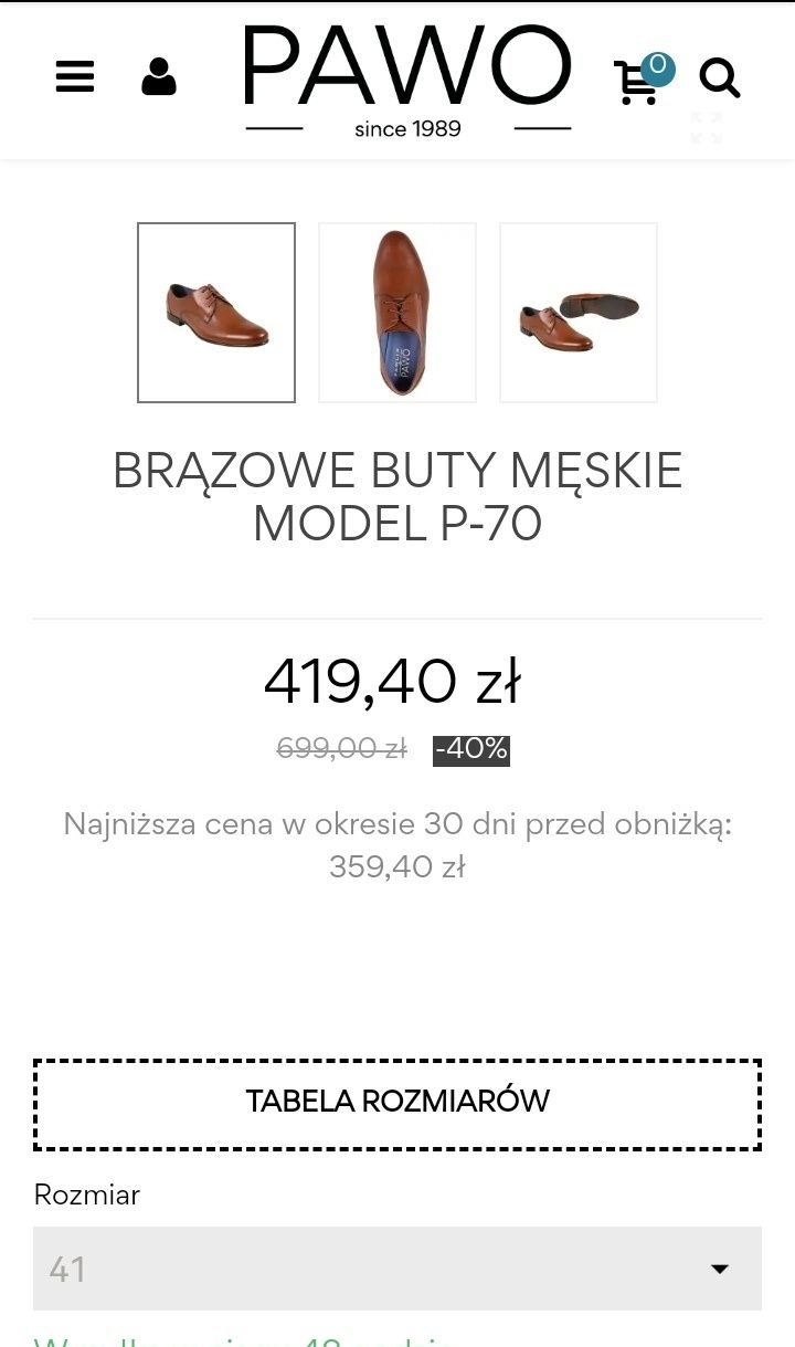 Brązowe buty męskie PAWO model P-70 rozm. 41, skóra naturalna