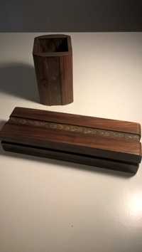 Conjunto para secretária em madeira maciça (duas peças), com embutidos