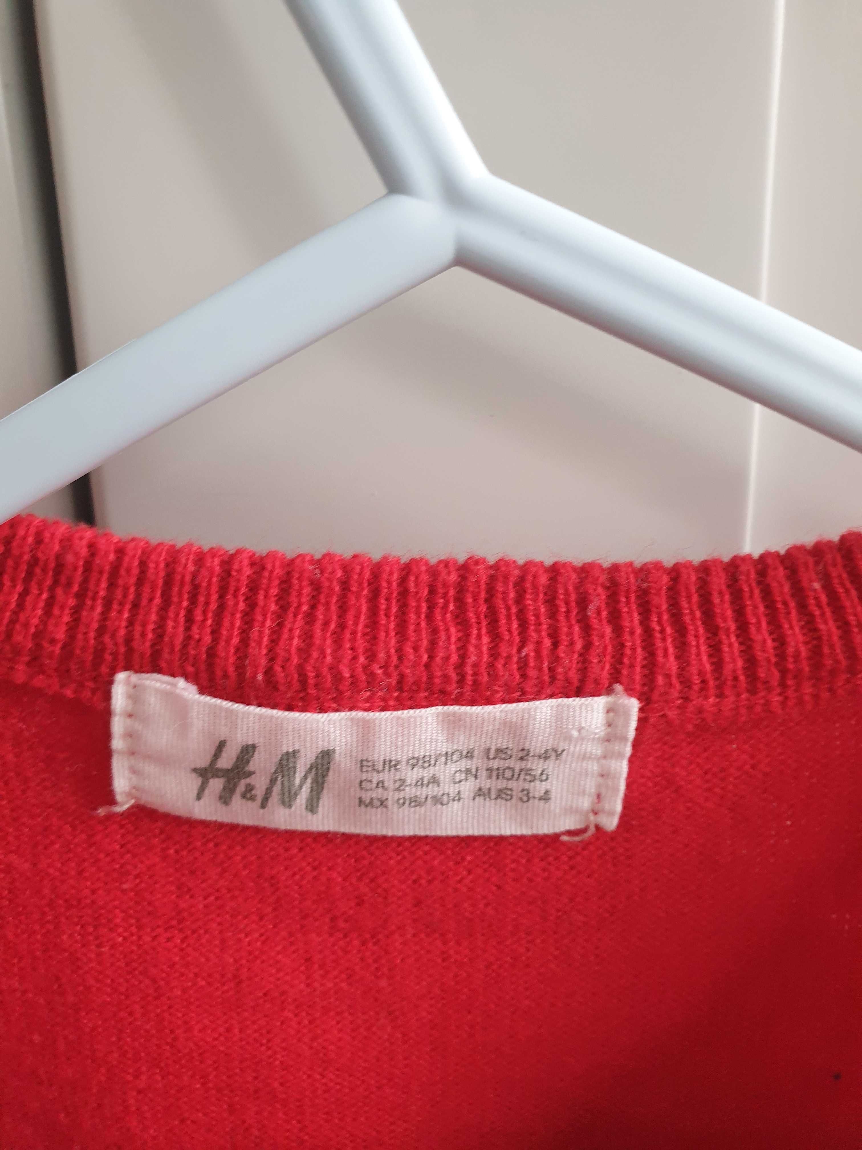Czerwony sweter z serduszkiem cekiny H&M 98 104
