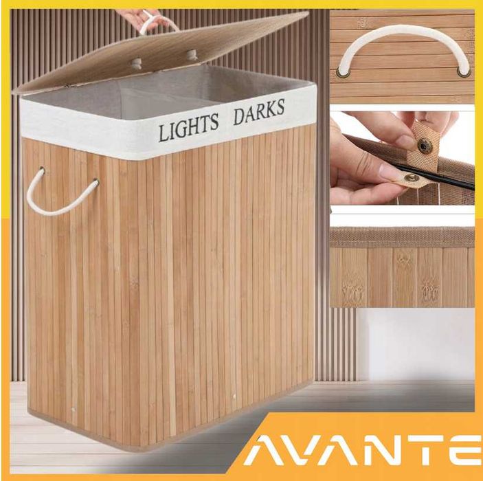 DUŻY KOSZ NA PRANIE BIELIZNE dwukomorowy bambusowy wolnostojący 105L