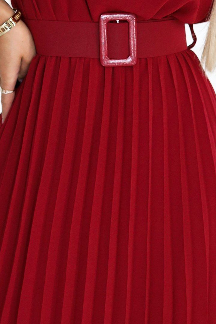 Sukienka MIA Bordowa Plisowana Midi z Paskiem Elegancka Wizytowa