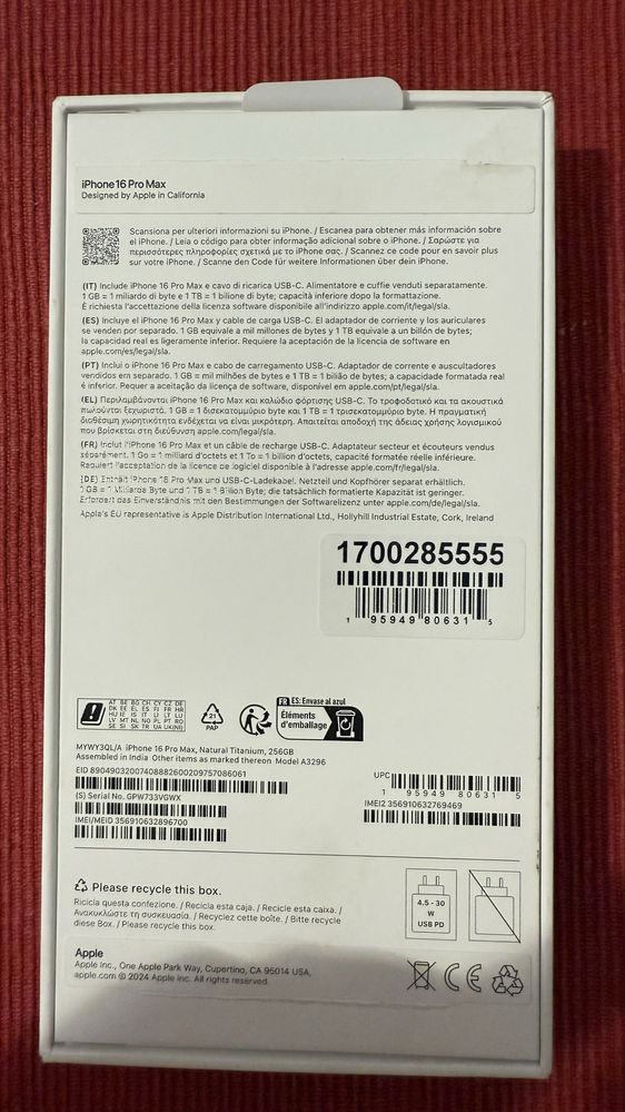 iPhone 16 pro max 256GB  Natural Titanium Novo .