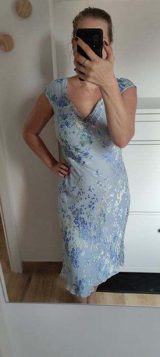 Piękna błękitna sukienka midi jedwab wiskoza XL/42/14 Monsoon silk
