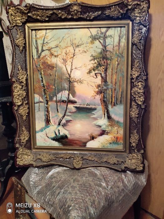 Большая Старинная картина в раме зимний пейзаж, картон,масло