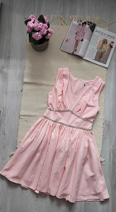 Sukienka rozkloszowana różowa kryształki wesele komunia chrzciny L XL