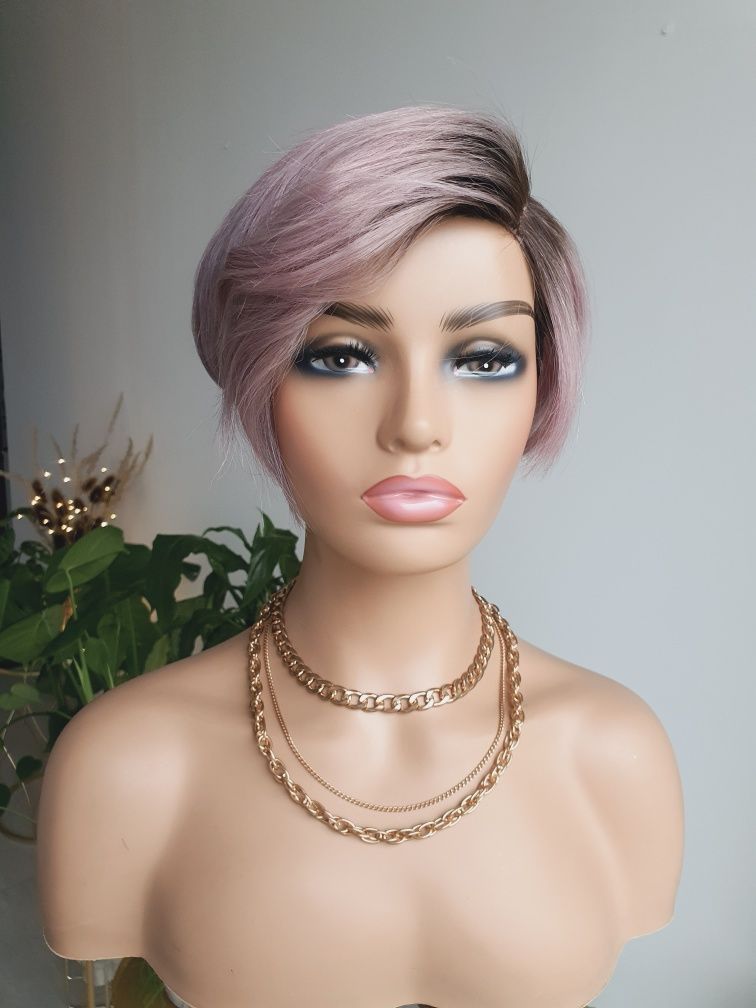 Peruka z włosów naturalnych blond szary fiolet pastelowy róż Felicja