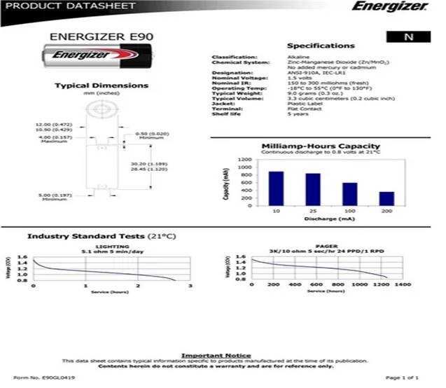 Батарейка Energizer Alkaline LR1/E90 (810, 910A,MN9100) 1.5V, бл. 1 шт